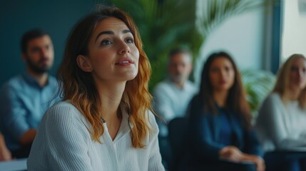 Obraz premium Woman in focus, others blurred out. Professional setting.