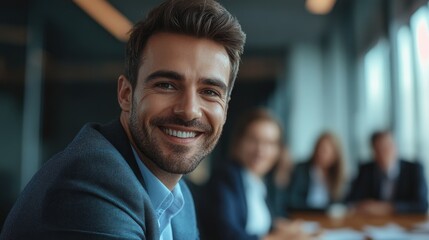 Obraz premium Smiling man wearing a suit in a modern office, suggesting confidence and professionalism.