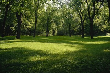 Shaded forest clearing, sunny day, green trees, picnic area, serene, natural setting