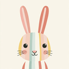 A cute bunny face with colorful stripes, a minimalist and simple design, a flat vector illustration and pastel colors.