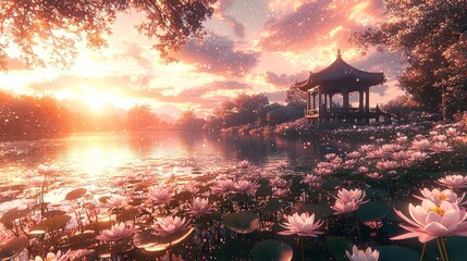 Serene Sunset at the Lotus Pond Pavilion