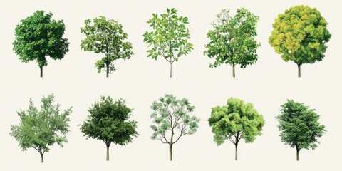 Fototapeta premium A collection of various trees with distinct leaf patterns, representing a diverse array of species and growth stages. Includes seasonal variations.