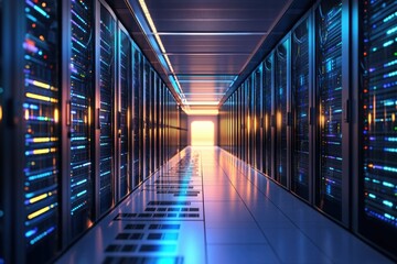 Obraz premium Interior view of a server farm with rows of computer equipment and powered-on servers, symbolizing advanced computing technology.