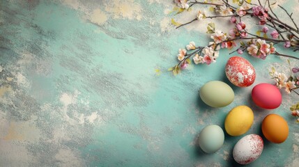 Vibrant pastel Easter eggs with blossom on textured teal wall background (flat lay)