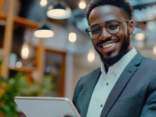 Fototapeta premium A smiling man in glasses wearing a suit, holding a tablet, representing business or technology.