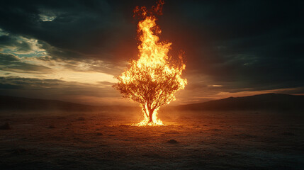 A modern interpretation of the biblical burning bush, symbolizing divine presence and resilience, where the bush burns without being consumed, representing faith, strength, and spiritual endurance.

