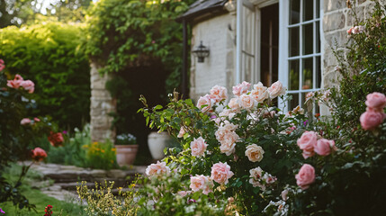 Elegant English gardens, floral arrangements, and refined interiors. Featuring lush greenery, soft textiles, and delicate furnishings, evoking charm, grace, and countryside romance