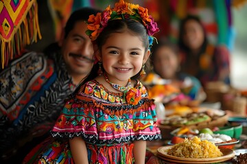 Fototapeta premium Young girl in colorful traditional Latin American dress and floral crown smiles during festive celebration with traditional food and decorations in background.