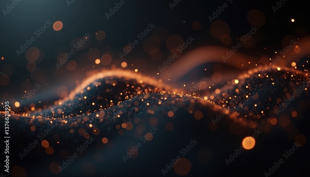 Poster Abstract glowing particles creating flowing waves on dark background  