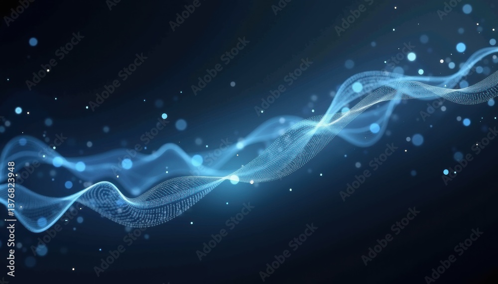 Poster abstract blue wave pattern with glowing particles on dark background