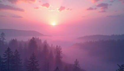 Obraz premium Serene sunrise in a misty forest landscape 