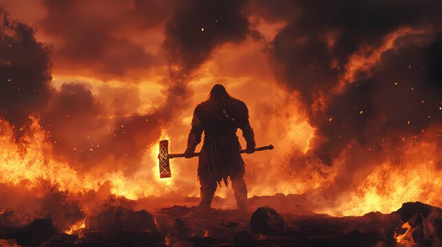 Battle-hardened dwarven hero with a flaming hammer under a fiery sky. Smoldering Runes. Illustration