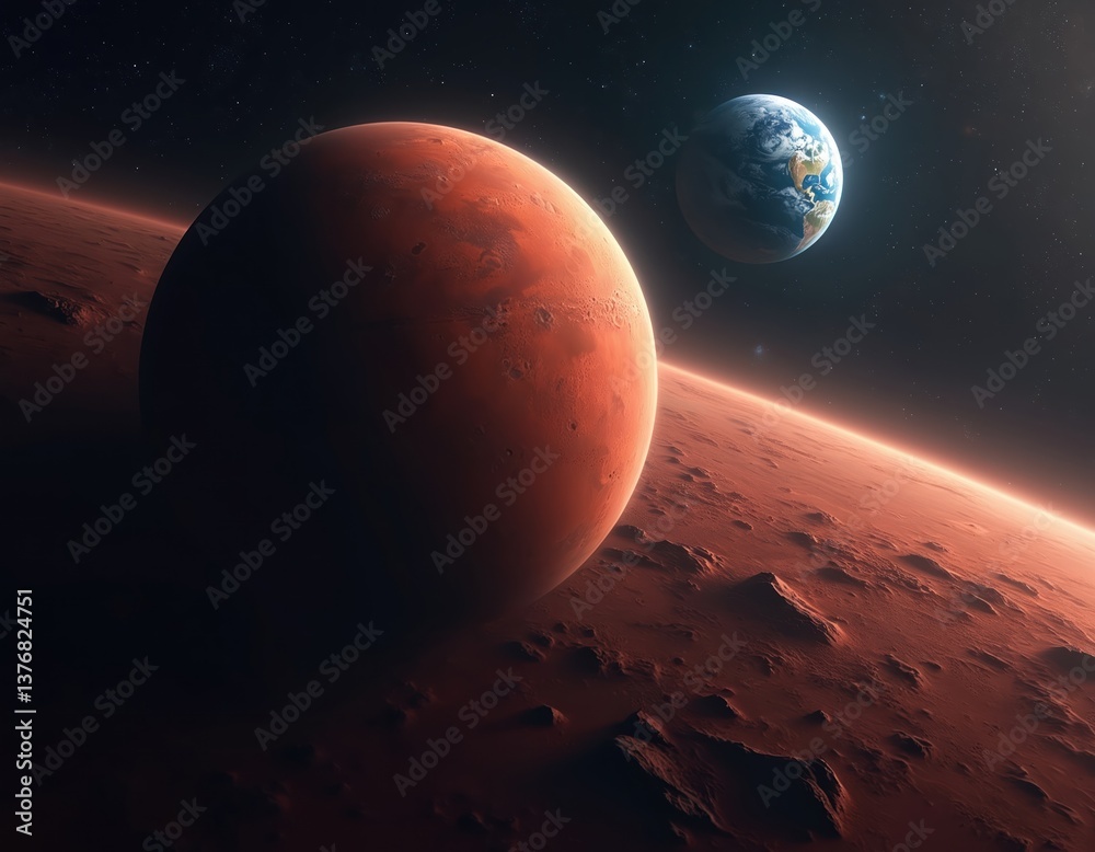 Poster mars red planet surface craters in outer space with blue earth in background. planets of solar syste