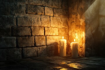 Soft candlelight illuminates a stone wall in a dimly lit room at evening
