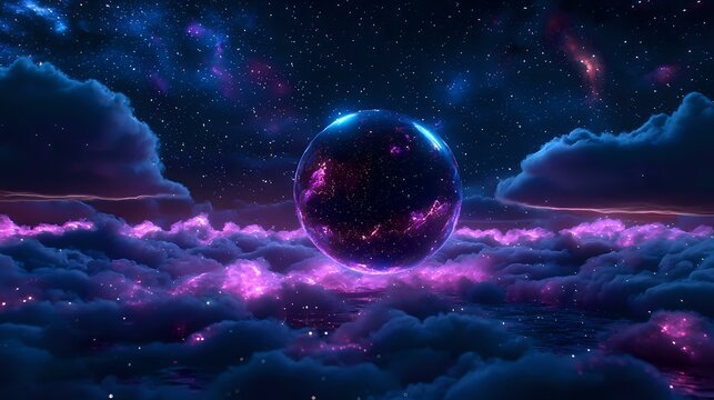 Mystical dark planet floating among vibrant purple clouds in starry night sky, cosmic fantasy scene with glowing nebula and celestial atmosphere.