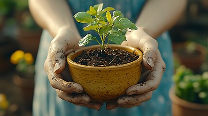 A thoughtful gesture of hands holding out a tiny bonsai tree in a ceramic pot, symbolizing peace and care.