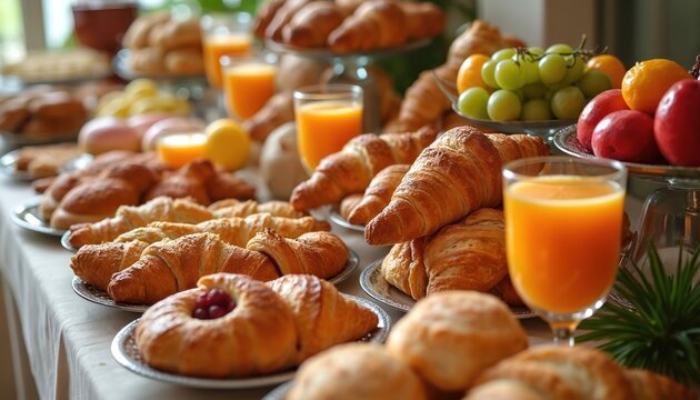 Sumptuous breakfast buffet. Croissants, fresh fruits, orange juice, pastries ready for guests. Culinary display with assortment of food ideal offer for brunch, catering events, restaurant menu design.