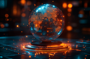 3D render of holographic globe on podium with glowing network paths