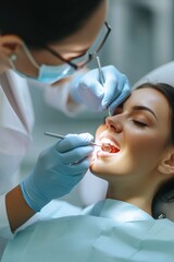 Naklejka premium A dental hygienist examining a patient's teeth with an instrument.