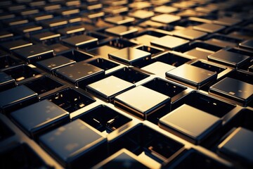 Fototapeta premium A close-up view of a textured surface featuring reflective metallic squares arranged in a grid pattern, capturing light and shadows, creating an abstract visual effect suitable for backgrounds