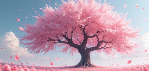 Illustration of cherry blossom tree in full bloom. Delicate pink petals fall gently. Artistic AI artwork presents spring nature scene with sakura flowers. Peaceful landscape for design.