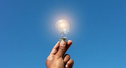 Hand reaching towards the sky holding a glowing light bulb, concept of innovation and ideas