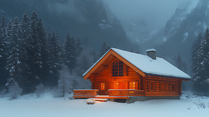 Illuminated snowy mountain cabin, winter landscape, tranquil scene, vacation rental