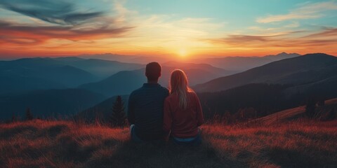 Obraz premium Man and woman watching sunrise on mountain top