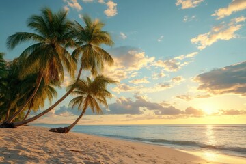 Beach scene with palm trees at sunset with warm colors in the sky.