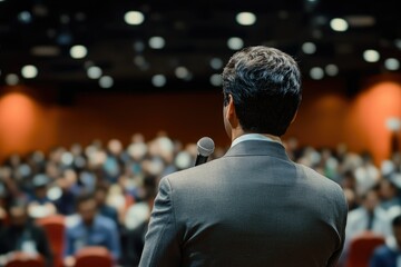 Fototapeta premium A man in a suit and tie standing at the front of an auditorium, delivering a speech to a large audience.