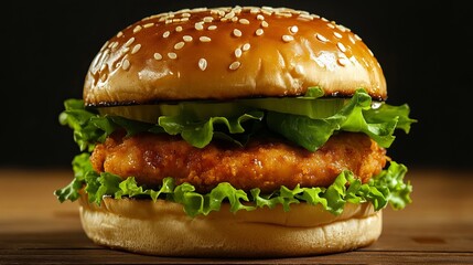 Delicious chicken burger with fresh lettuce and sesame seed bun for fast food restaurant menu item ideas