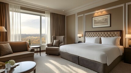 Fototapeta premium Luxurious Guest Room Interior Design with Modern Couch and Armchair Near Large Panoramic Window