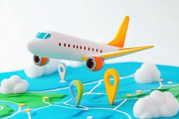 Playful Cartoon Airplane Flying Over A Colorful Map With Location Pins