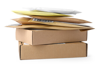 Different paper envelopes and parcels isolated on white. Post office