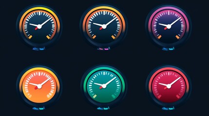 
Speedometer, tachometer icon. Speedometer indicator icon collection. Speed indicator vector icons. Dashboard speedometer icons set. Tachometer icon isolated. Performance indicator sign. Car speed.