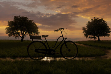 Fototapeta premium parked bicycle on the country lane in the beautiful evening light. 3D Rendering