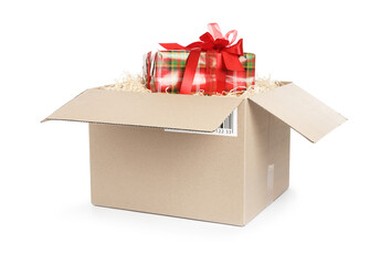 Parcel with gift box on white background