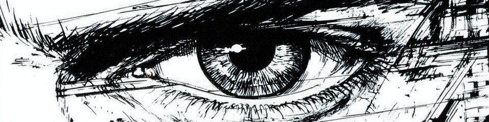 A detailed sketch of a human eye, showcasing intricate lines and shading, emphasizing the iris and pupil, with abstract patterns in the background suggesting depth and artistic expression
