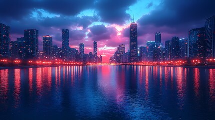 Fototapeta premium Calm city river reflecting Chicago skyline night lights high resolution picture