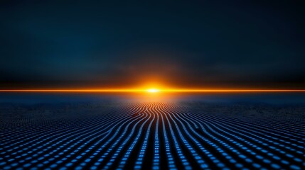 Futuristic digital horizon with glowing orange sunset over geometric blue grid pattern surface stretching to infinity against dark sky background.