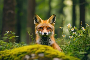 Fototapeta premium Fox sitting on mossy rock surrounded by green foliage and white flowers.