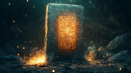 Mysterious glowing stone tablet with ancient carvings, surrounded by a mystical aura and sparkles, suggesting a magical or historical significance. Mystic Stele. Illustration
