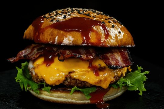 Sizzling bacon cheeseburger with chili, barbecue sauce and green lettuce on a toasted bun. Appetizing close-up view.