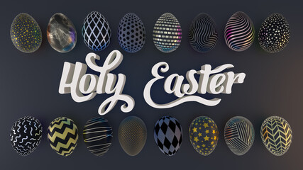 black easter eggs with bright metallic pattern on dark background