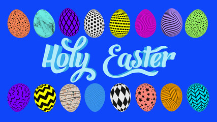 bright Easter eggs on blue background