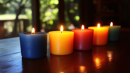 Colorful candles lit on wooden table, garden background, relaxation