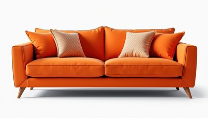Vibrant Orange Couch on Crisp White Background with Two Cushions. An  couch with two pillows on top of it.