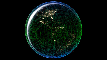 3d rendered image of the earth with conceptual tracings of a large number of satellites orbiting it