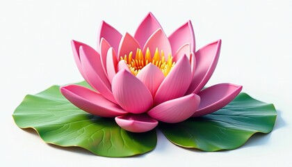 Vibrant Pink Lotus Flower Against Clean White Background with Yellow Center and Green Lilies. A pink lotus flower with green leaves on a white background.