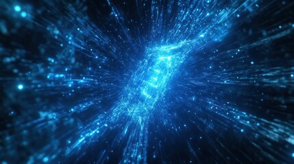 Digital frontier, glowing particles stream through a network, abstract data flow